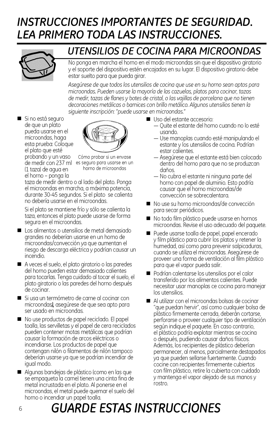GE JVM1950, DVM1950, JNM1951 manual Utensilios De Cocina Para Microondas, Guardeestasinstrucciones 