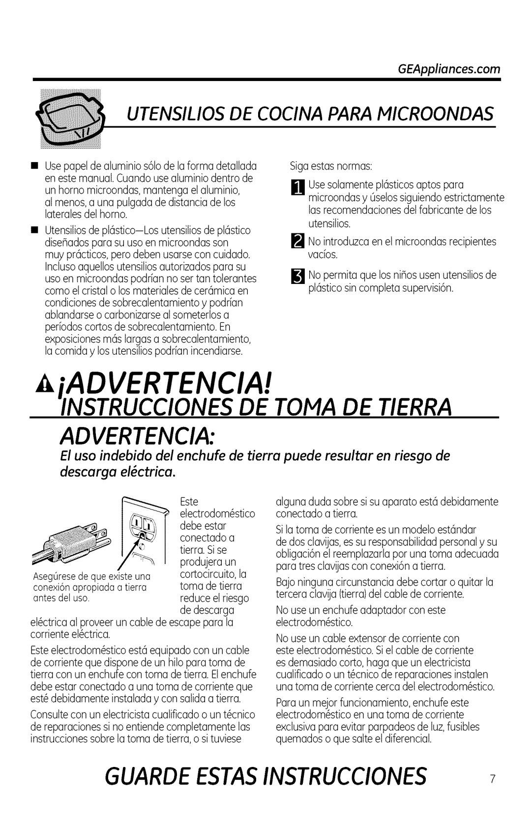 GE JNM1951 manual iADVERTENCIA, Instrucciones De Toma De Tierra, Advertencia, descurgu el_ctricu, Guarde Estasinstrucciones 
