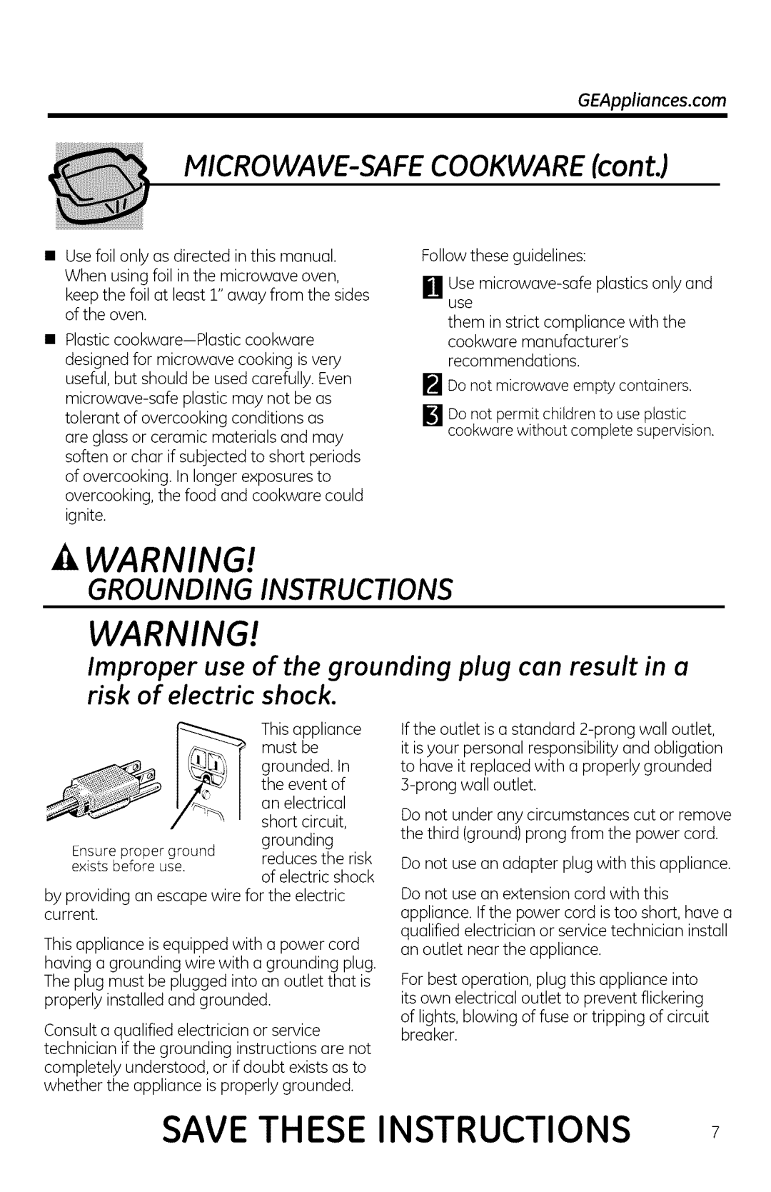 GE JVM1950, DVM1950, JNM1951 MICROWAVE-SAFECOOKWARE cont, GEAppliances.com, Save These Instructions, Grounding Instructions 