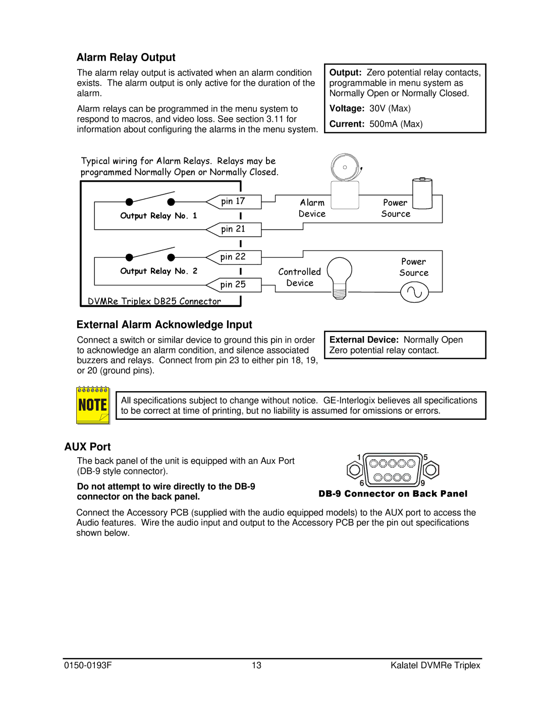 GE DVMRe user manual Alarm Relay Output, External Alarm Acknowledge Input, AUX Port, Voltage 30V Max 