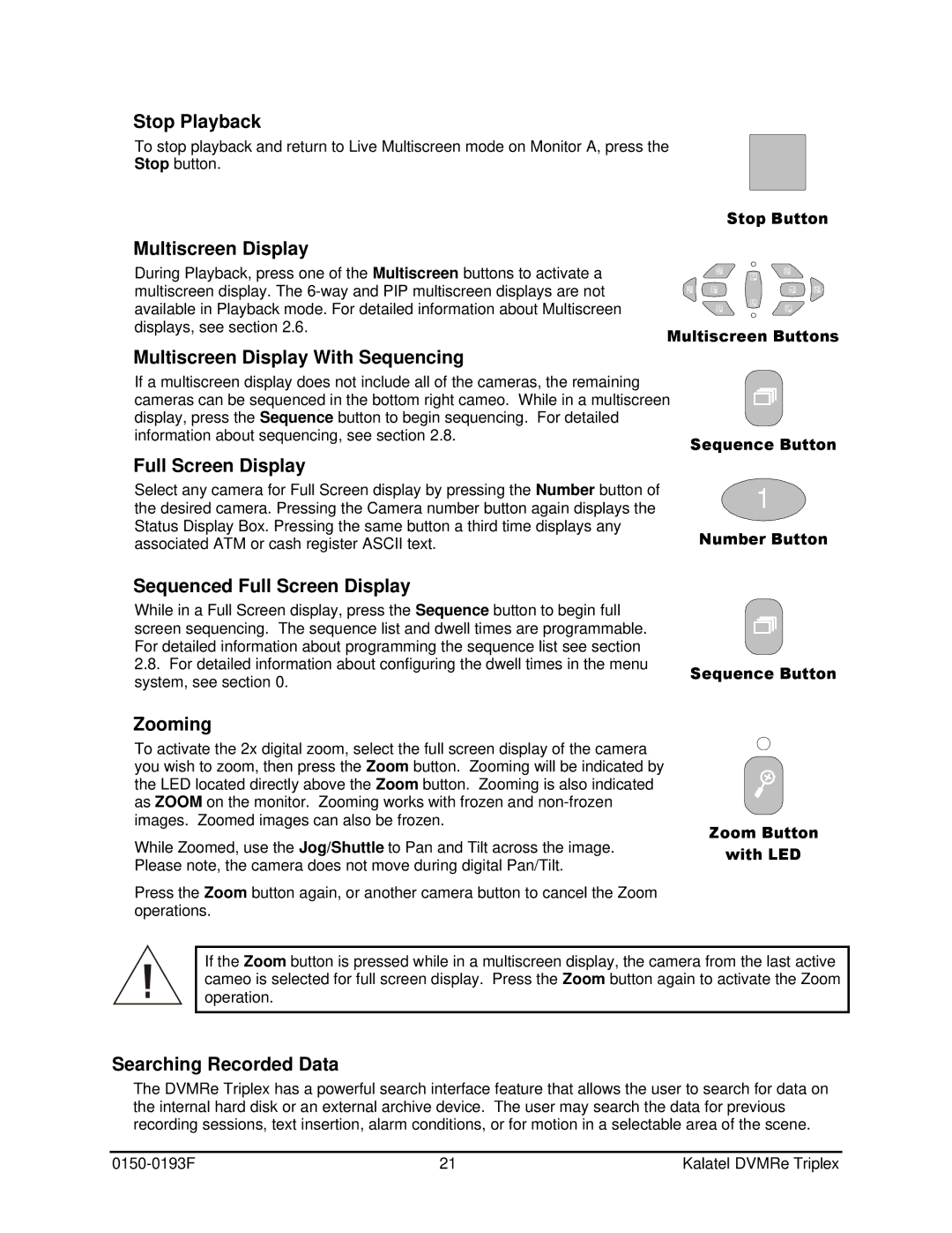 GE DVMRe user manual Stop Playback, Searching Recorded Data, Stop Button, Sequence Button Number Button 