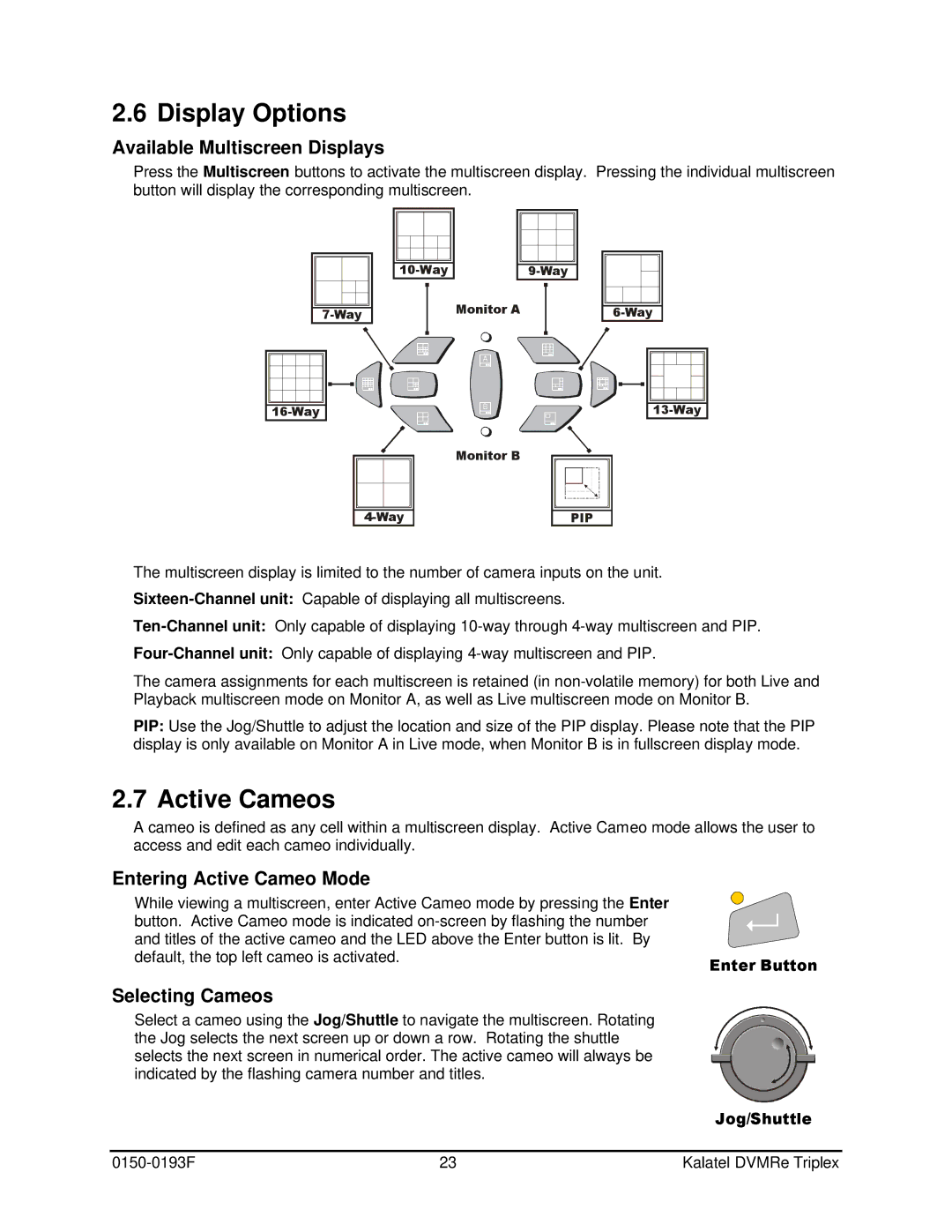 GE DVMRe Display Options, Active Cameos, Available Multiscreen Displays, Entering Active Cameo Mode, Selecting Cameos 