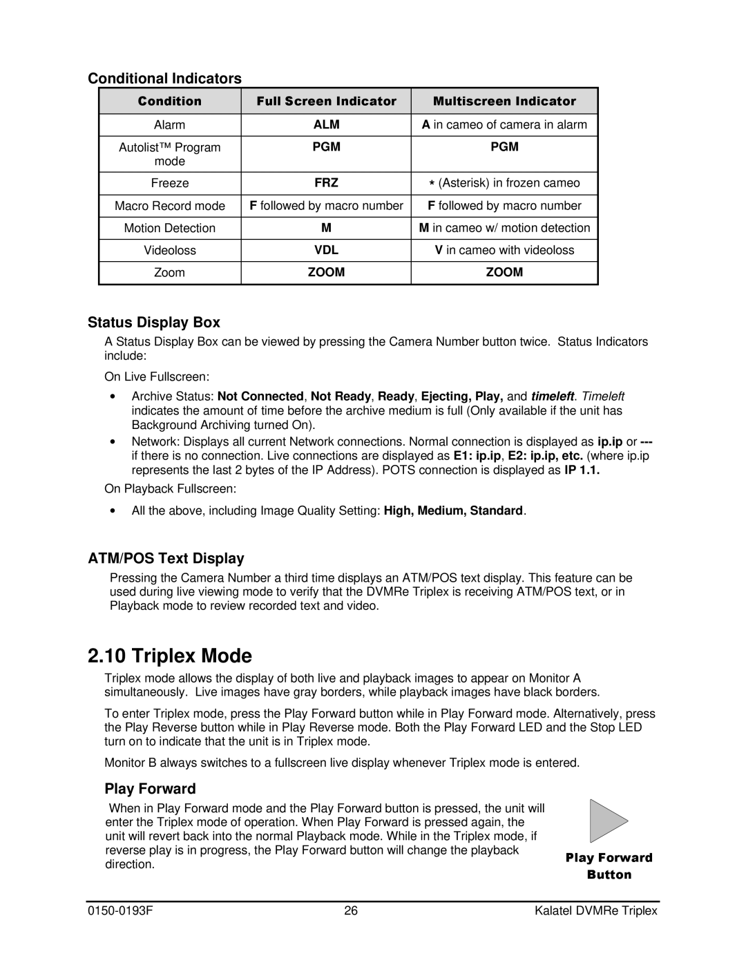 GE DVMRe user manual Triplex Mode, Conditional Indicators, Status Display Box, ATM/POS Text Display 