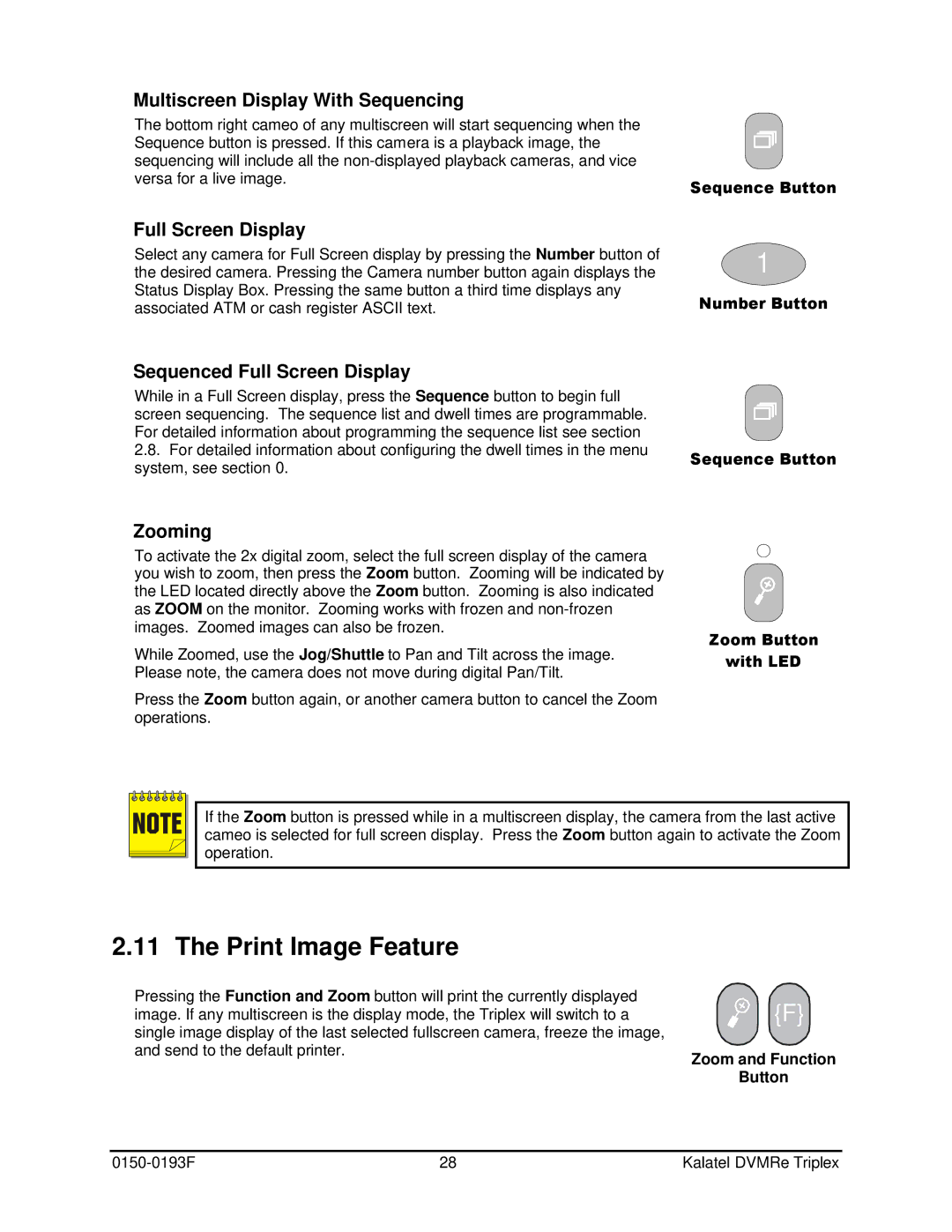 GE DVMRe user manual Print Image Feature, Number Button Sequence Button, Zoom and Function Button 