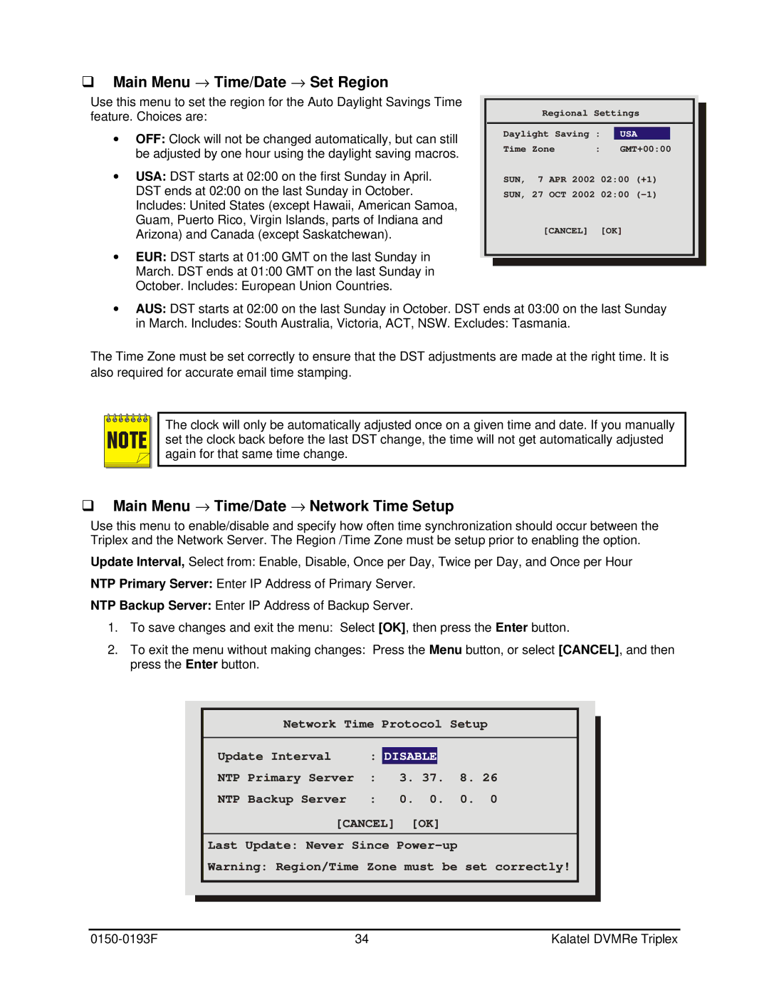 GE DVMRe user manual Main Menu → Time/Date → Set Region, Main Menu → Time/Date → Network Time Setup 