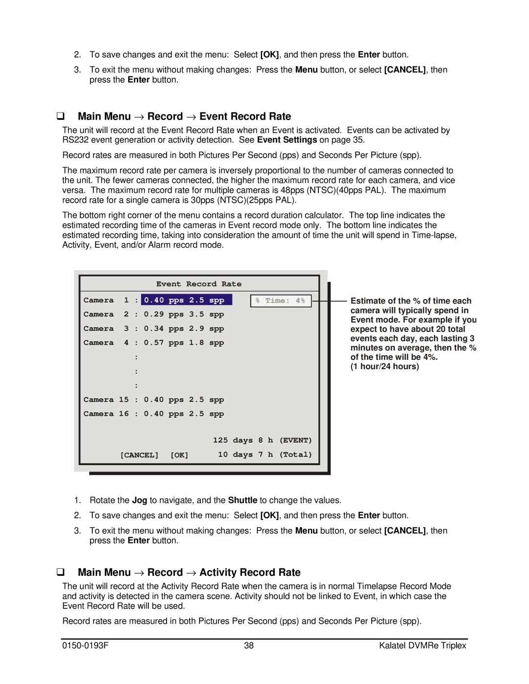 GE DVMRe user manual Main Menu → Record → Event Record Rate, Main Menu → Record → Activity Record Rate 