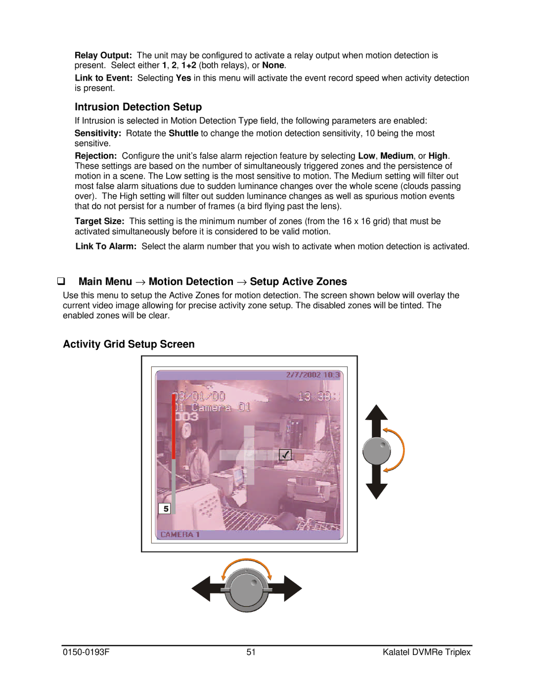 GE DVMRe Intrusion Detection Setup, Main Menu → Motion Detection → Setup Active Zones, Activity Grid Setup Screen 