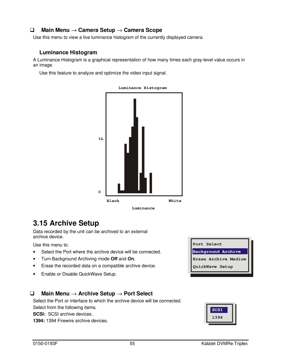 GE DVMRe user manual Archive Setup, Main Menu → Camera Setup → Camera Scope, Luminance Histogram 