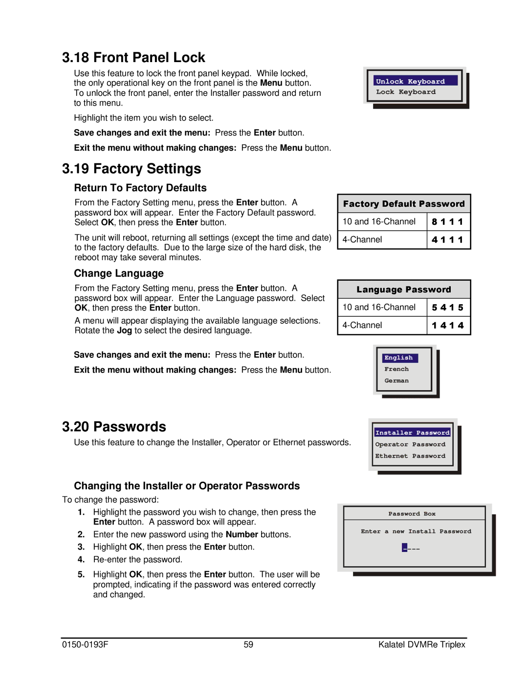 GE DVMRe user manual Front Panel Lock, Factory Settings, Return To Factory Defaults, Change Language 