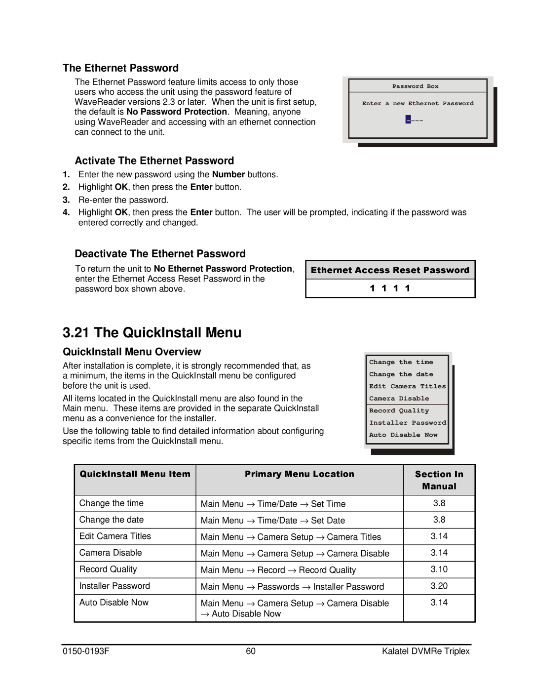 GE DVMRe user manual QuickInstall Menu, Activate The Ethernet Password, Deactivate The Ethernet Password 