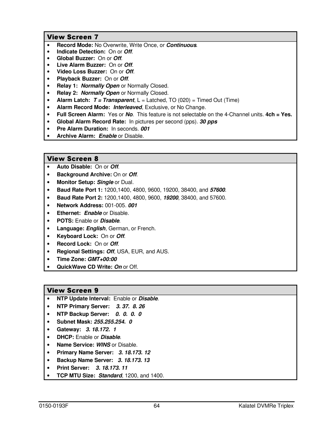 GE DVMRe user manual ∙ Network Address, ∙ Keyboard Lock On or Off ∙ Record Lock On or Off 