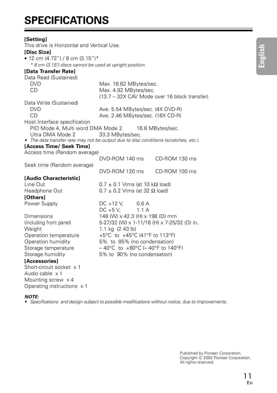 GE DVR-A05 operating instructions Specifications 