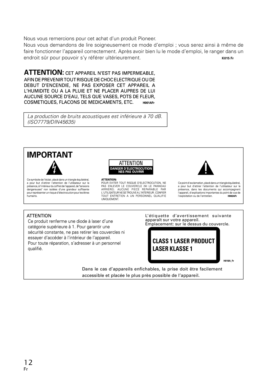 GE DVR-A05 operating instructions Class 1 Laser Product Laser Klasse 