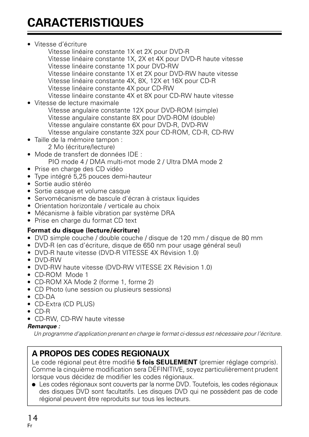 GE DVR-A05 operating instructions Caracteristiques, Format du disque lecture/écriture 