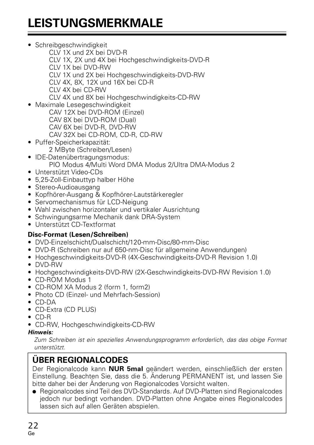 GE DVR-A05 operating instructions Leistungsmerkmale, Disc-Format Lesen/Schreiben 