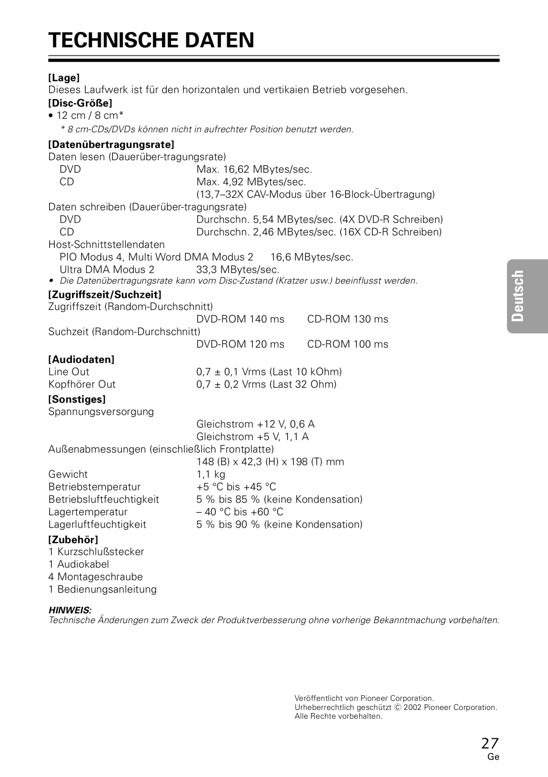 GE DVR-A05 operating instructions Technische Daten 