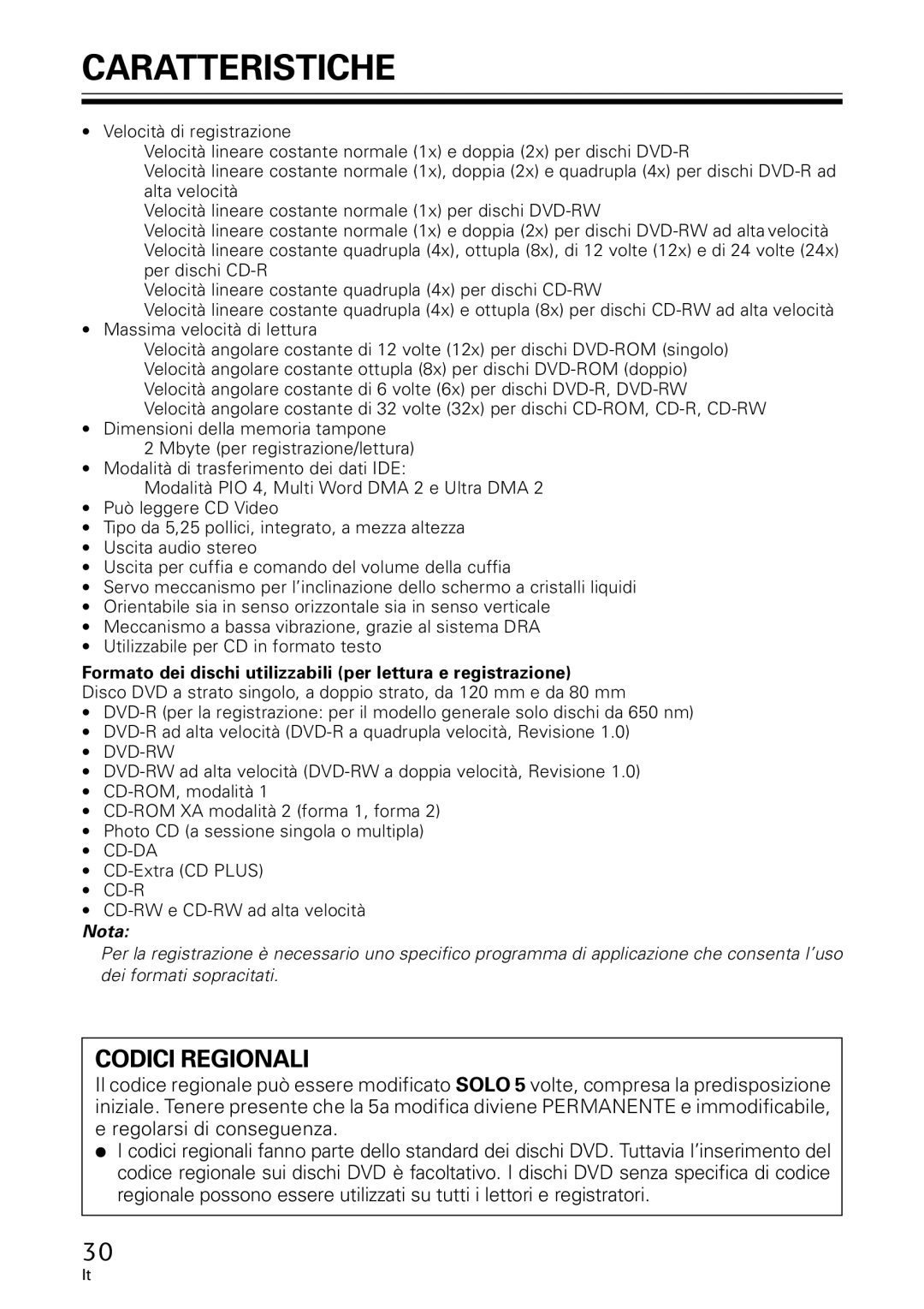 GE DVR-A05 operating instructions Caratteristiche, Formato dei dischi utilizzabili per lettura e registrazione 