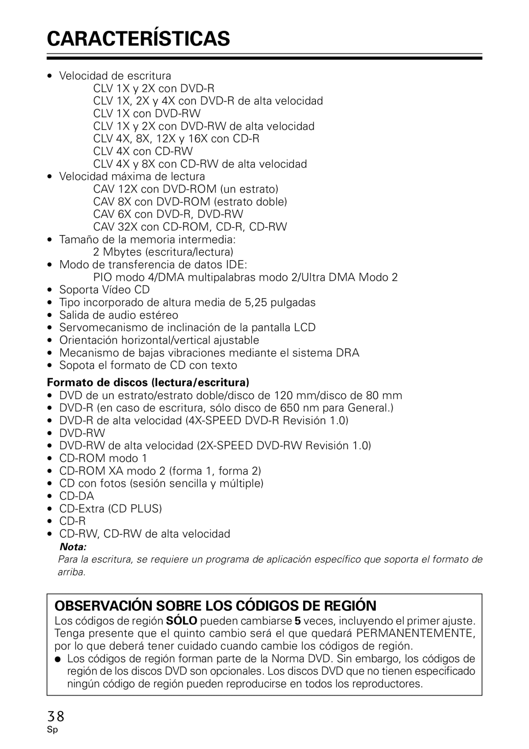 GE DVR-A05 operating instructions Características, Formato de discos lectura/escritura 