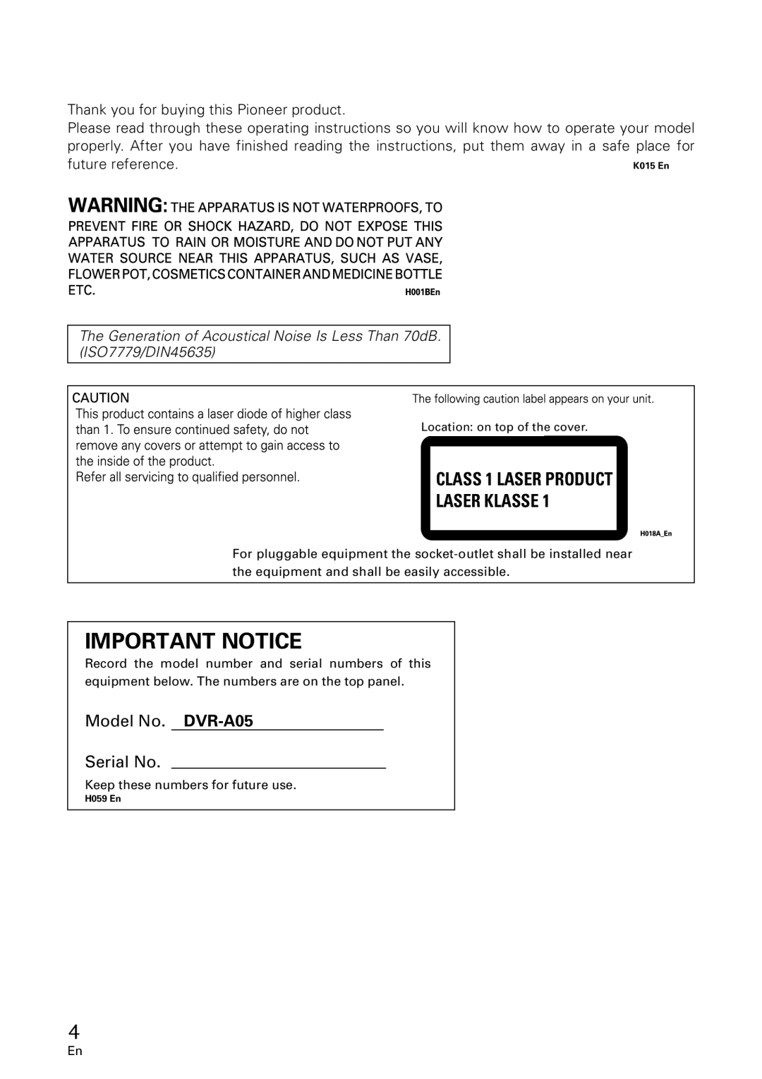 GE DVR-A05 operating instructions Important Notice, Class 1 Laser Product Laser Klasse 