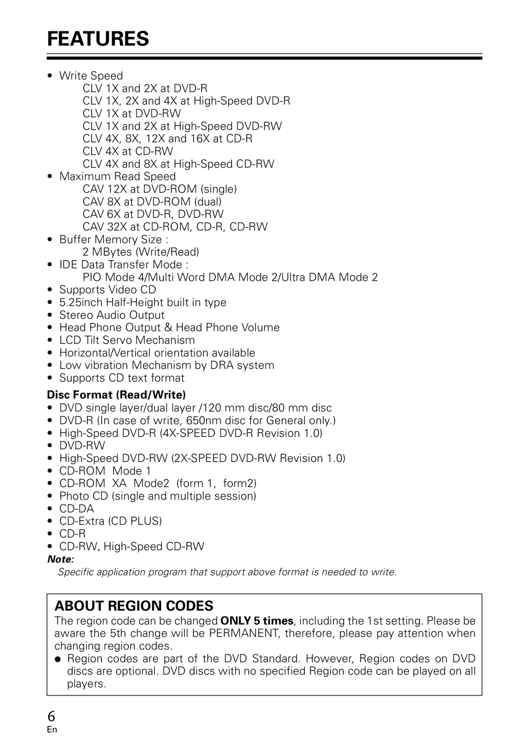 GE DVR-A05 operating instructions Features, Disc Format Read/Write 