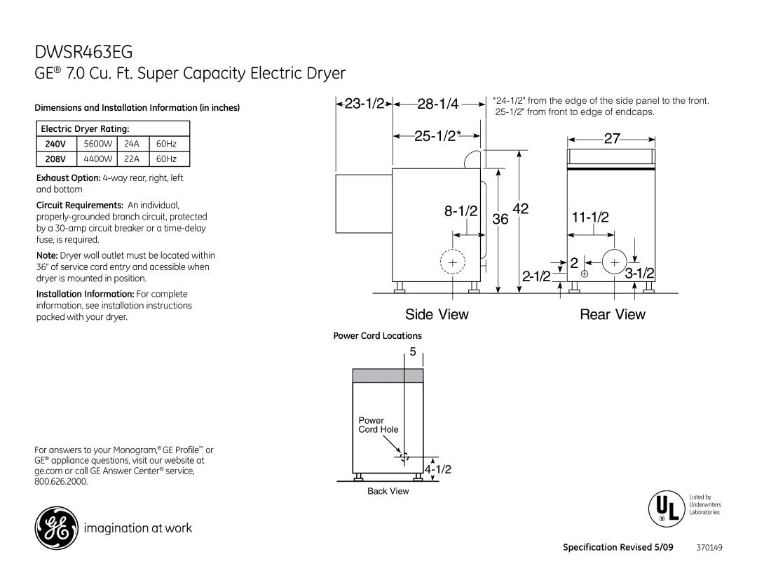 GE DWSR463EGWW installation instructions 208V, Circuit Requirements An individual, Installation Information For complete 