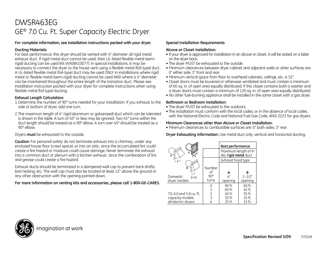 GE DWSR463EGWW installation instructions Exhaust Length Calculation, Bathroom or Bedroom Installation 