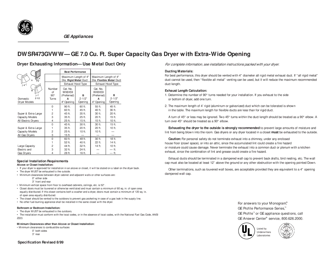 GE DWSR473GVAA, DWSR473EVAA, DWSR473GVWW Ducting Materials, Exhaust Length Calculation, Special Installation Requirements 