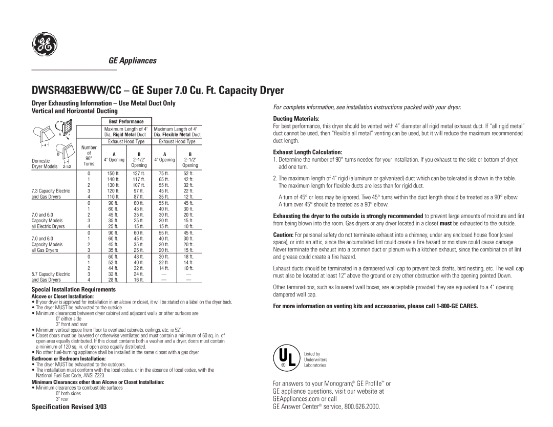 GE DWSR483EBWW/CC dimensions Specification Revised 3/03, Ducting Materials, Exhaust Length Calculation 