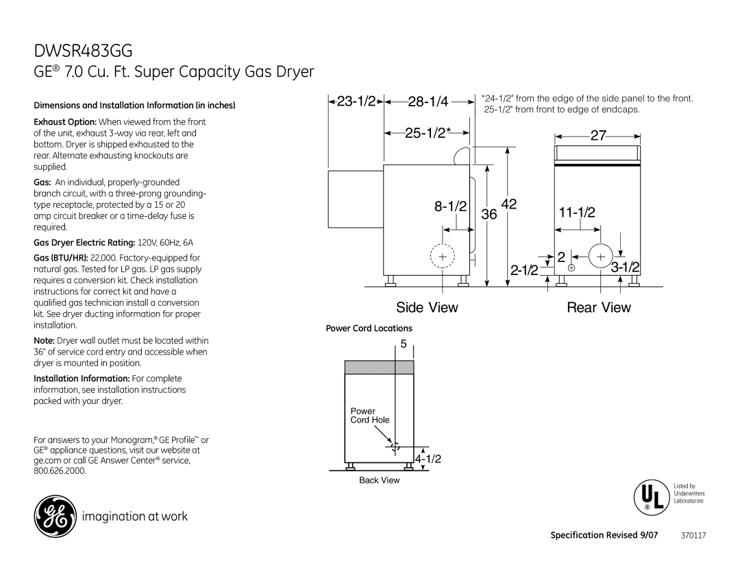 GE DWSR483GG installation instructions Dimensions and Installation Information in inches, Power Cord Locations 