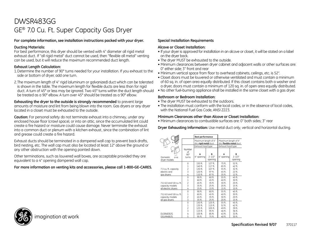 GE DWSR483GG installation instructions Exhaust Length Calculation, Bathroom or Bedroom Installation 