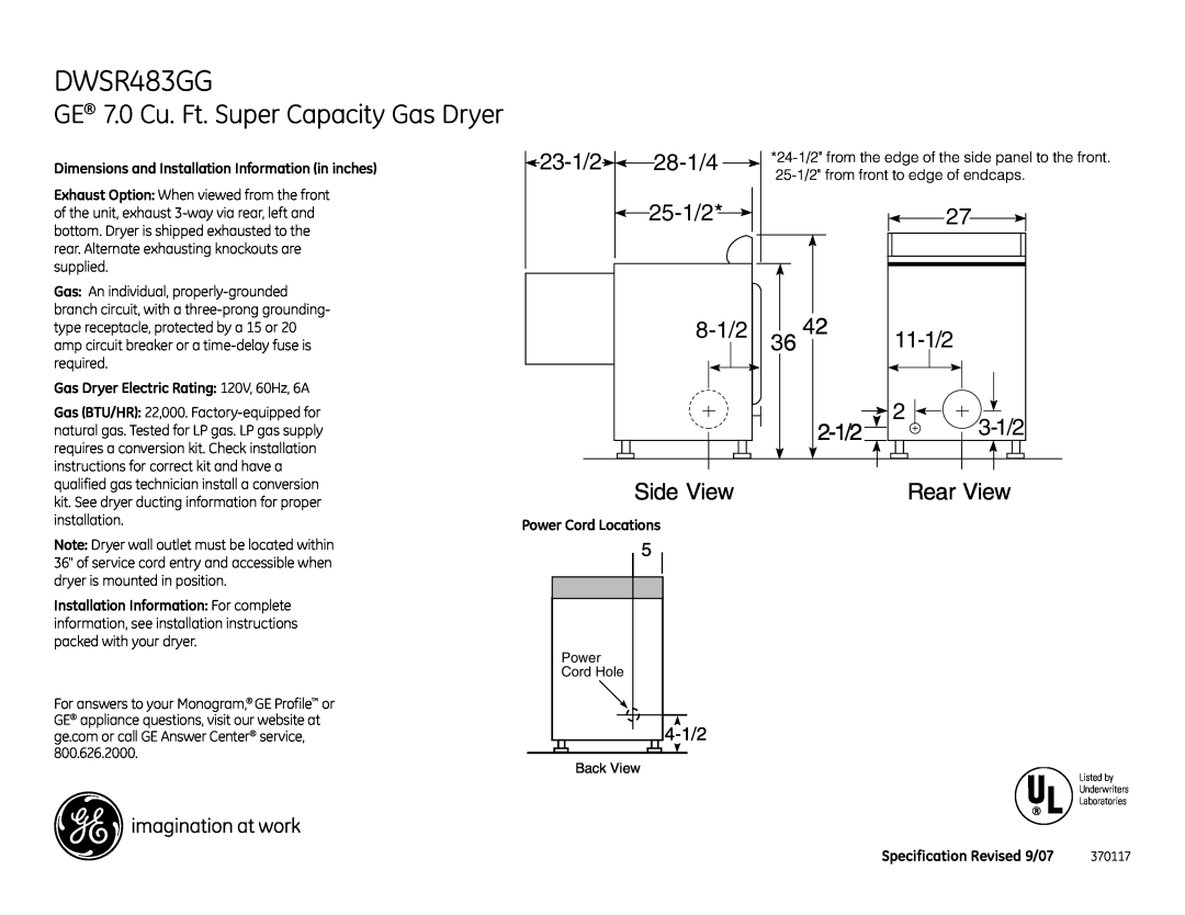 GE DWSR483GG installation instructions GE 7.0 Cu. Ft. Super Capacity Gas Dryer, 28-1/4, 25-1/2, 8-1/2, 36 4, 2-1/2, 3-1/2 