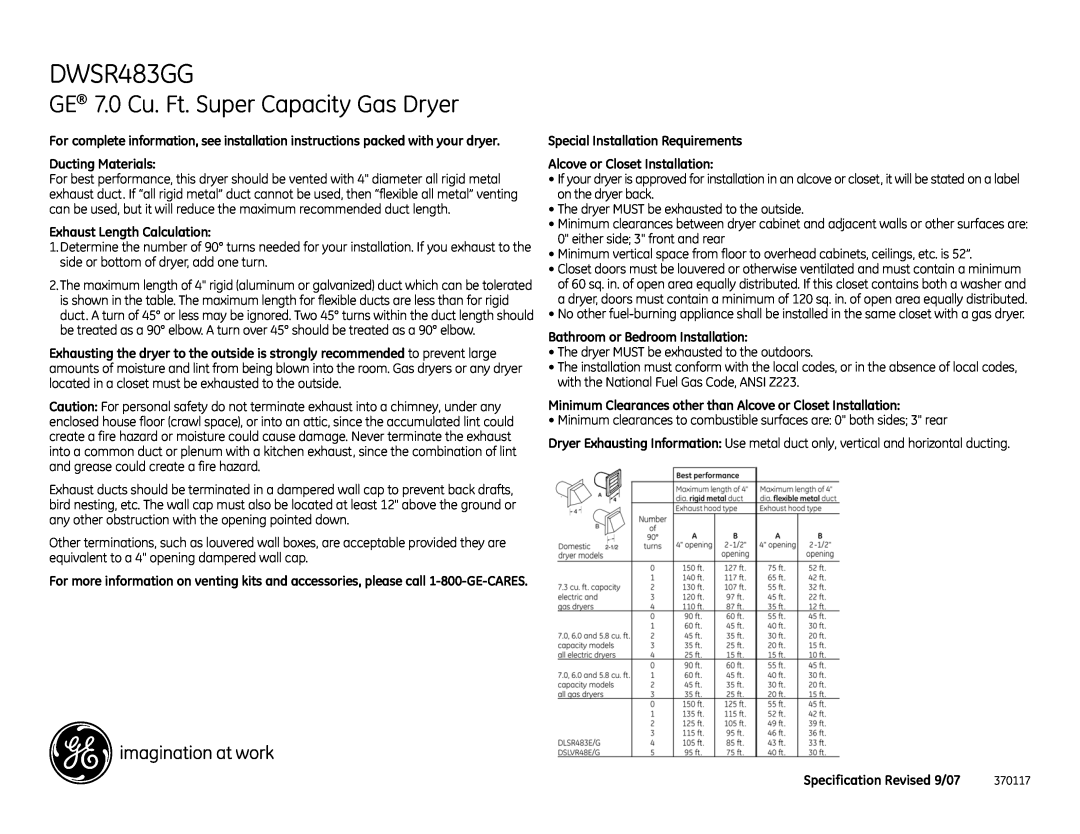 GE DWSR483GG GE 7.0 Cu. Ft. Super Capacity Gas Dryer, Exhaust Length Calculation, Bathroom or Bedroom Installation 