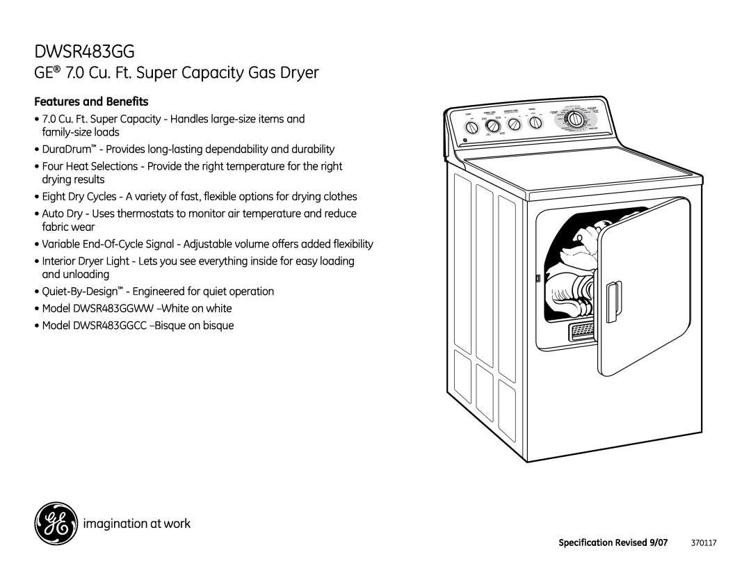 GE DWSR483GG installation instructions GE 7.0 Cu. Ft. Super Capacity Gas Dryer, Features and Benefits 