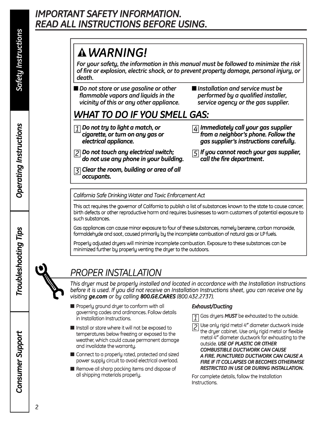 GE DWXR463 Important Safety Information Read All Instructions Before Using, What To Do If You Smell Gas, Consumer Support 
