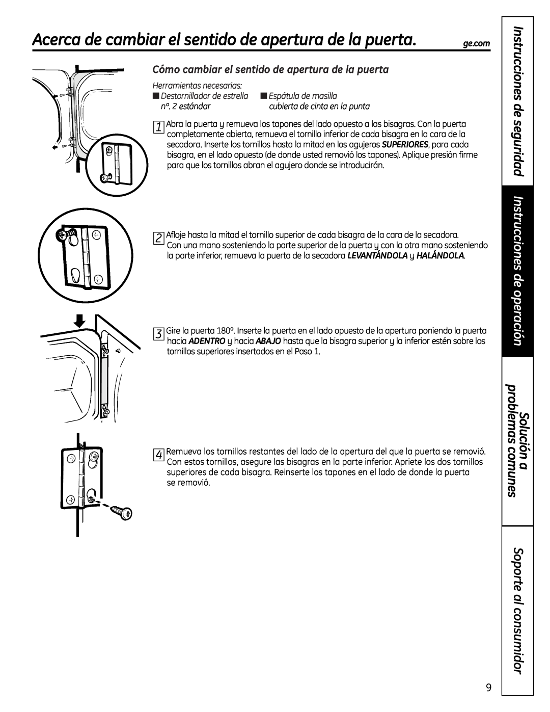 GE Acerca de cambiar el sentido de apertura de la puerta, Cómo cambiar el sentido de apertura de la puerta, nº. 2 estándar 