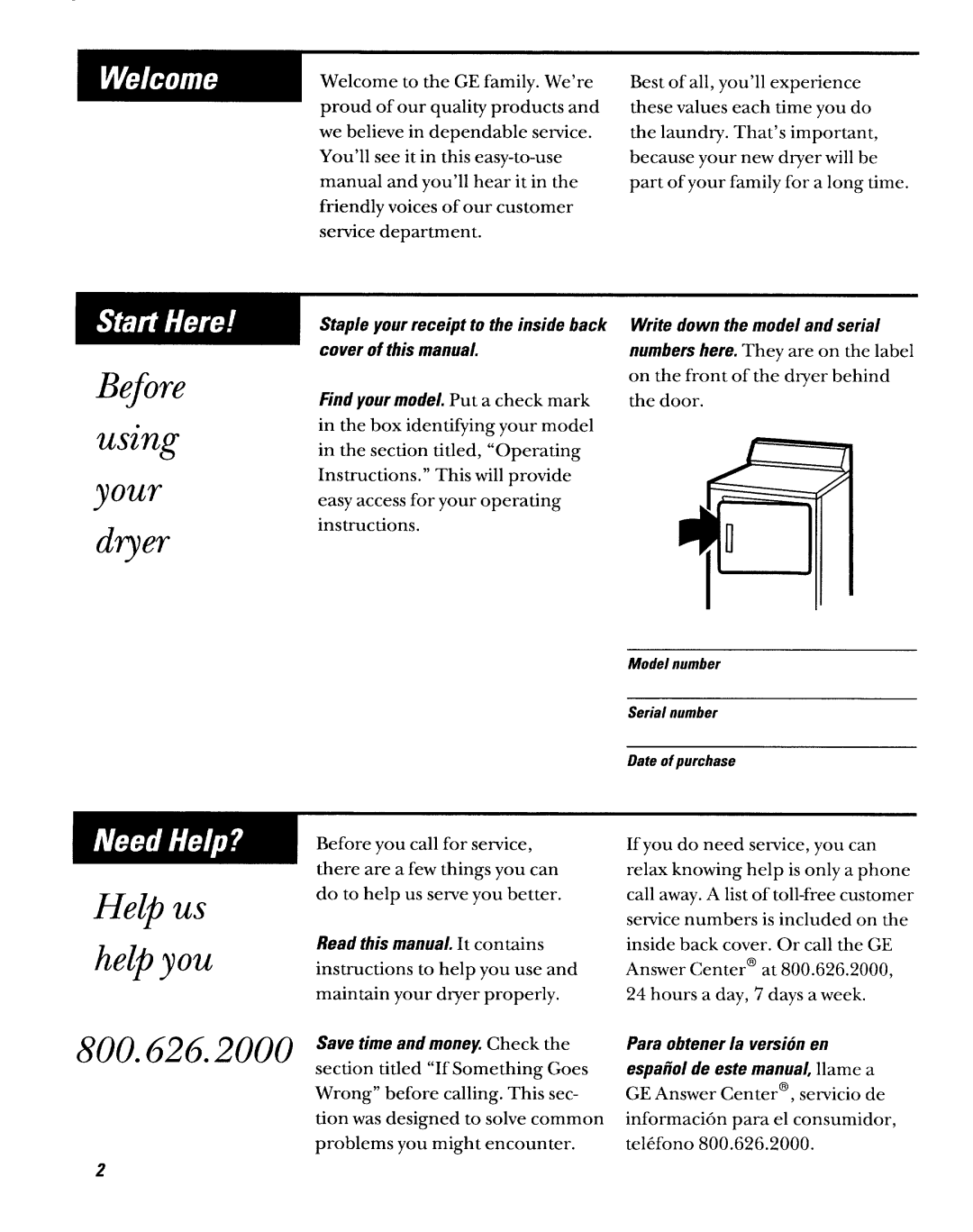 GE DWXR473GT, DWXR473ET operating instructions Before using your d~er, Helpus helpyou 800.626.2000 