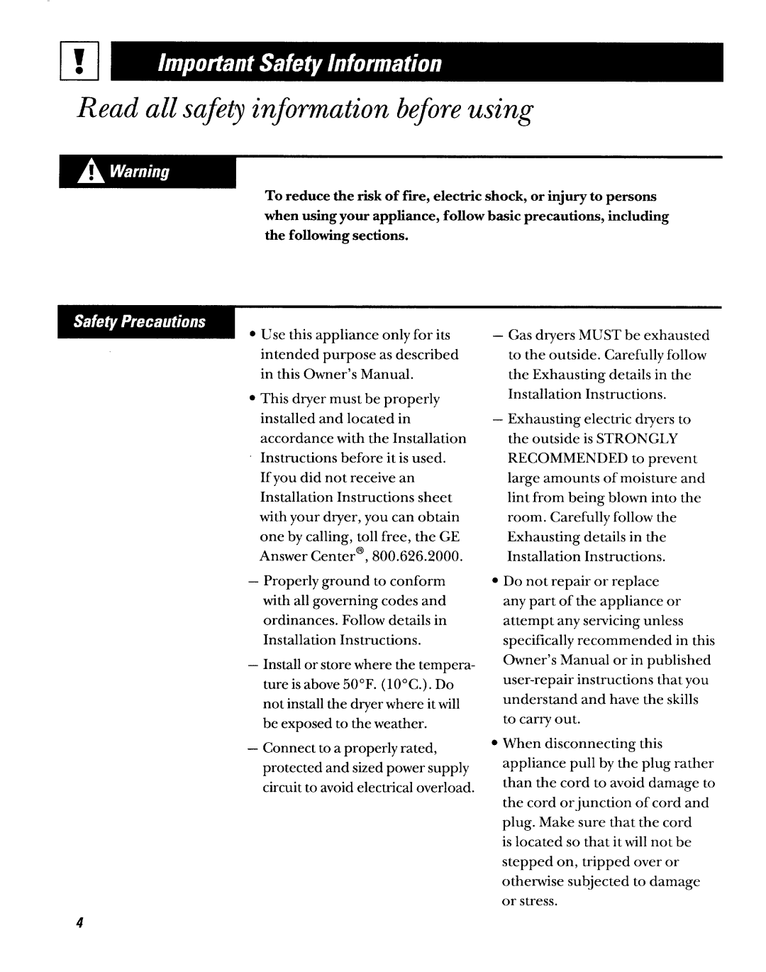 GE DWXR473GT, DWXR473ET operating instructions Readallsafetyinformationbeforeusing 