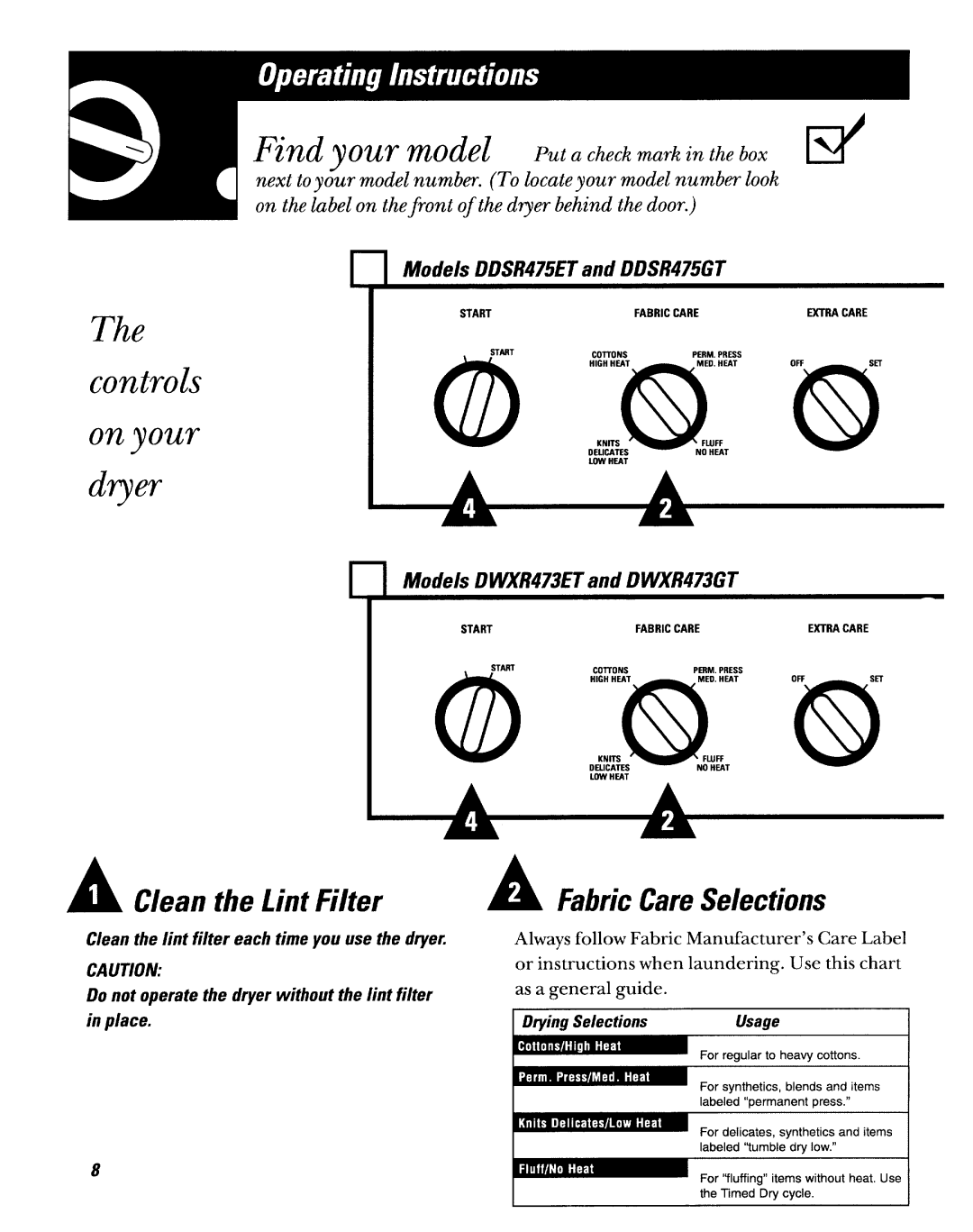 GE DWXR473GT, DWXR473ET operating instructions Controls Onyou~, Clean the Lint Filter 