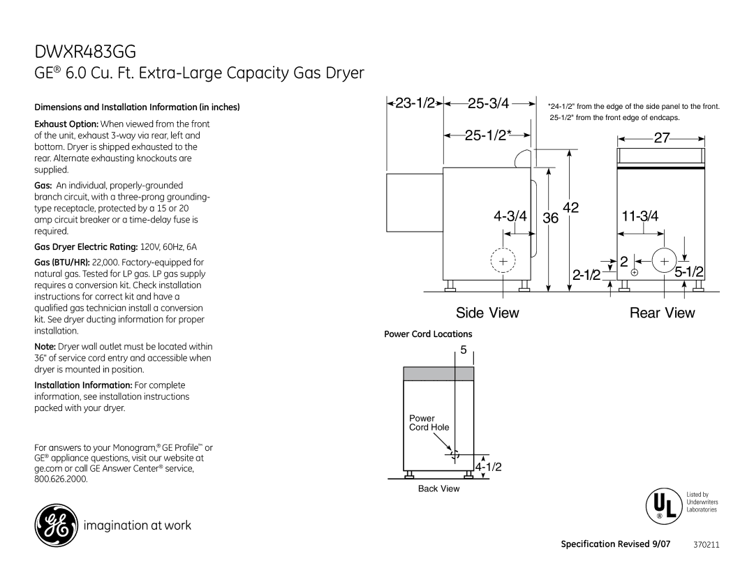 GE DWXR483GG installation instructions Dimensions and Installation Information in inches, Power Cord Locations 