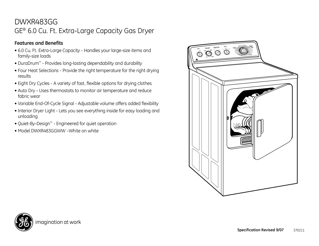 GE DWXR483GG installation instructions GE 6.0 Cu. Ft. Extra-Large Capacity Gas Dryer 