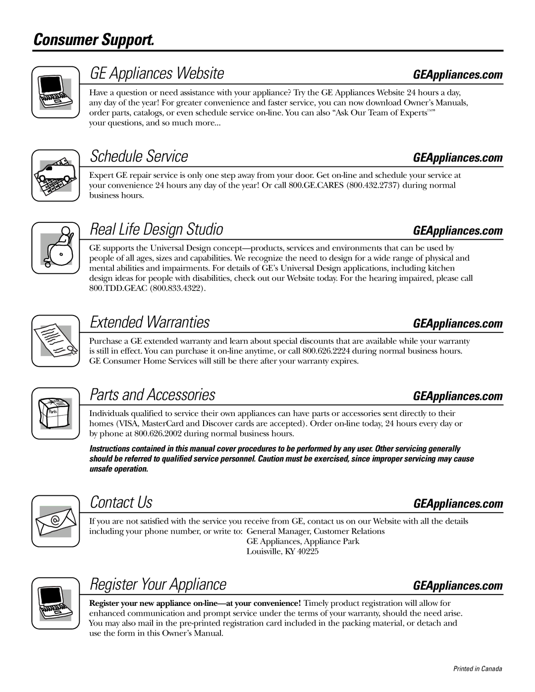 GE DWXR485 Consumer Support GE Appliances Website, Schedule Service, Real Life Design Studio, Extended Warranties 