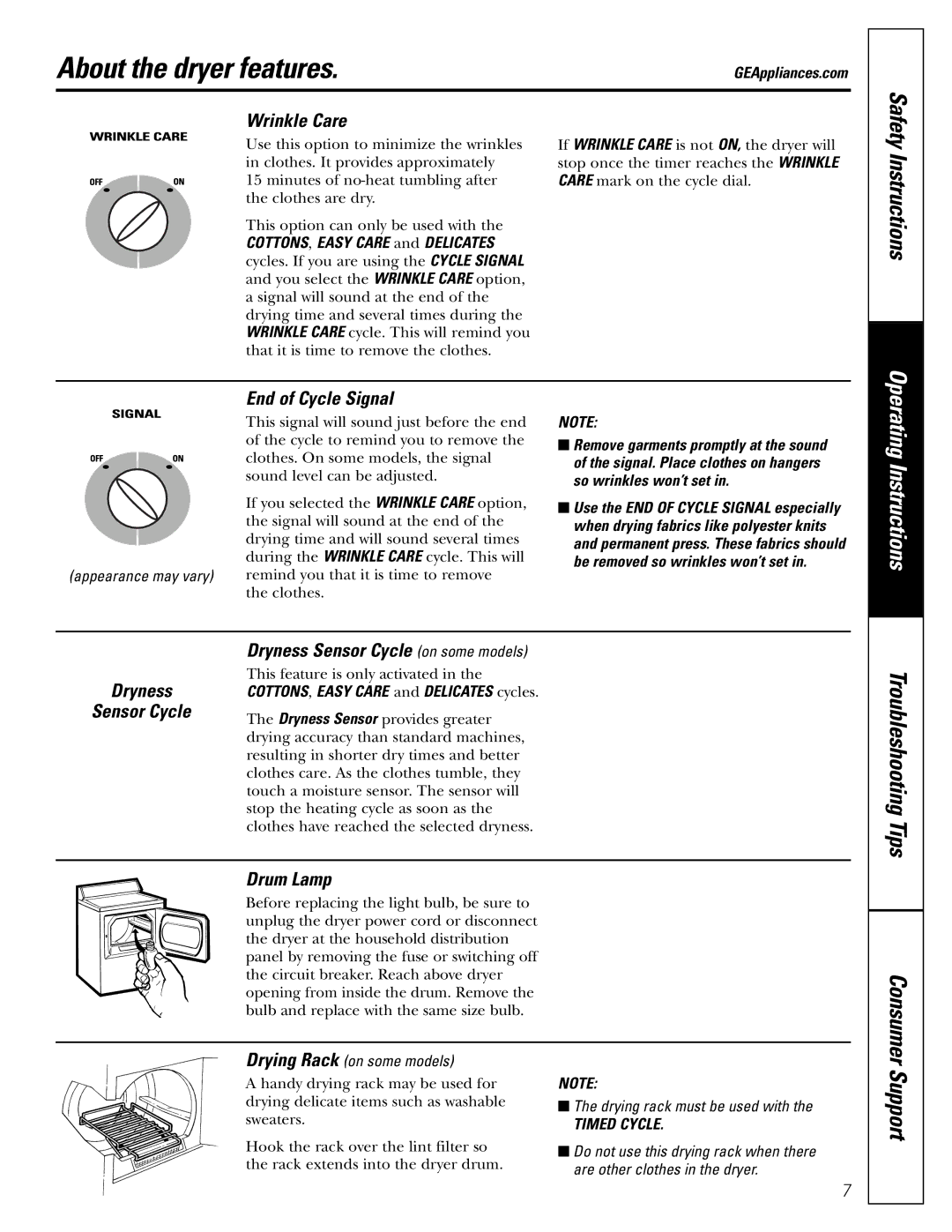 GE DWXR485 owner manual About the dryer features, Support 