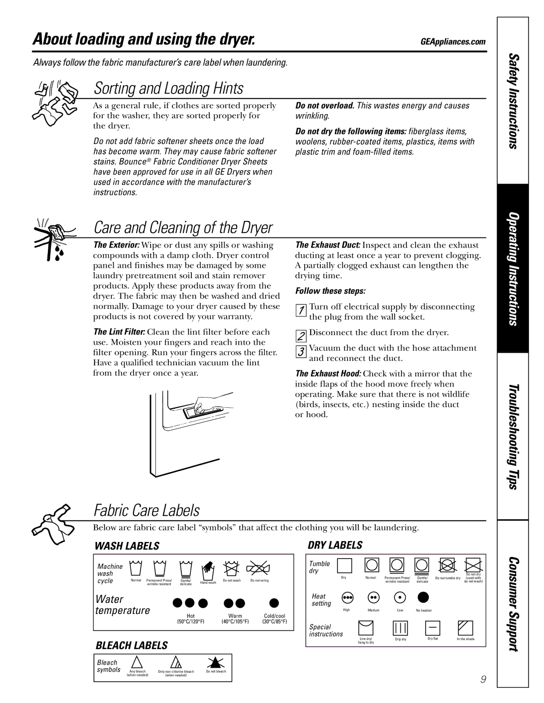 GE DWXR485 owner manual About loading and using the dryer, Safety, Instructions, Follow these steps 