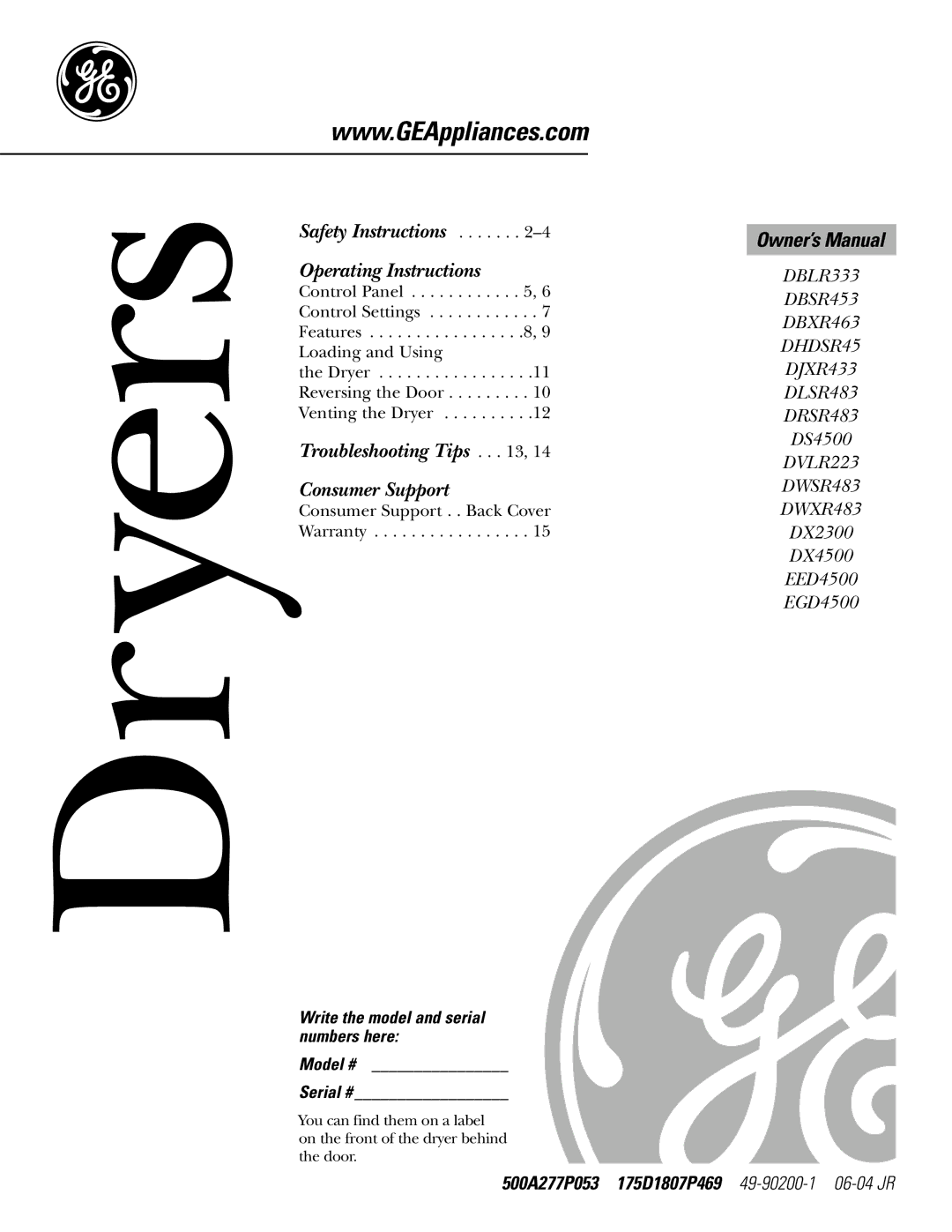 GE DX4500, DX2300, EGD4500, EED4500, DLSR483, DS4500, DHDSR45, DRSR483 owner manual 500A277P053 175D1807P469 49-90200-106-04 JR 