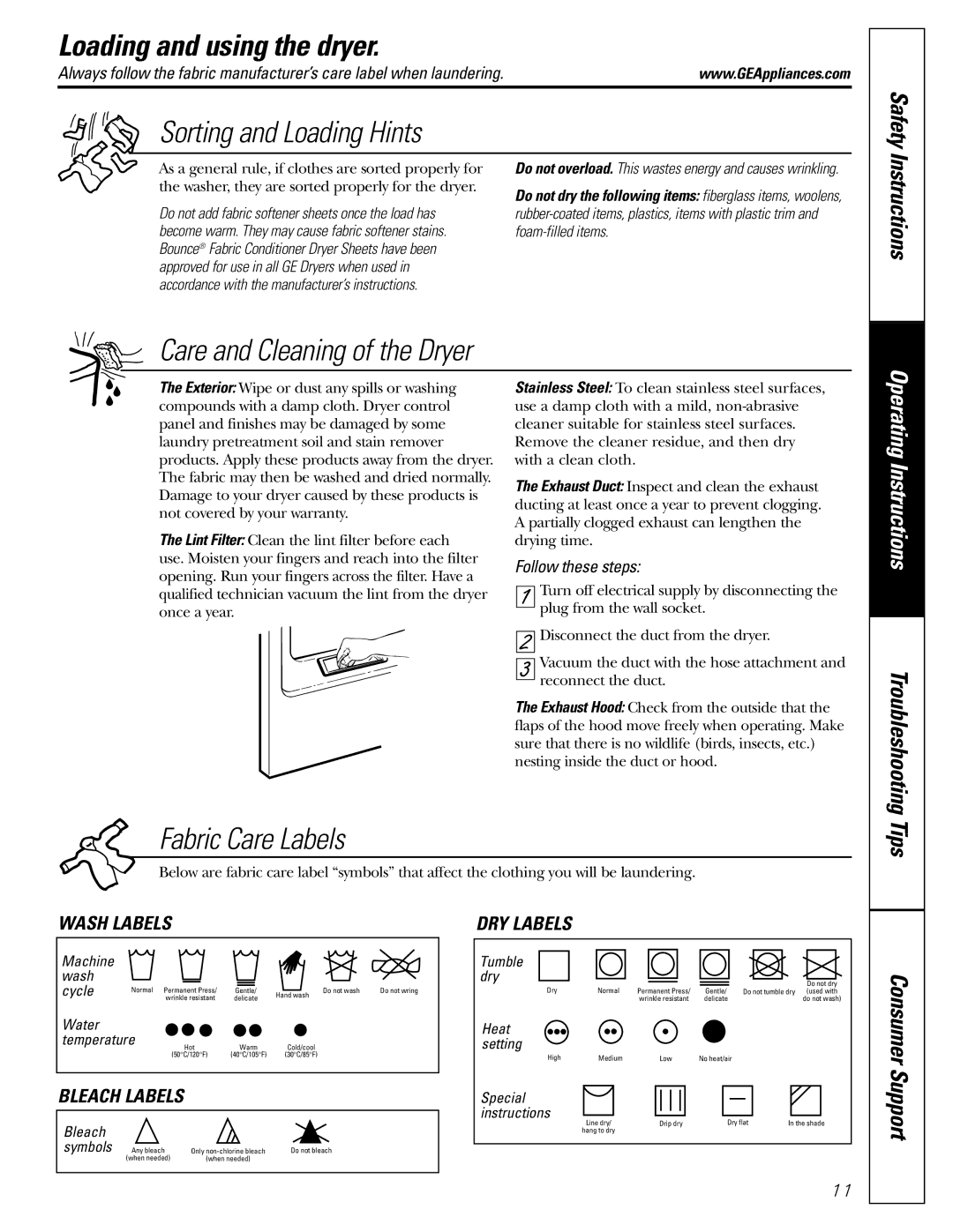 GE DVLR223, DX2300, DX4500, EGD4500, EED4500, DLSR483, DS4500, DHDSR45 Loading and using the dryer, Safety, Instructions, Tips 