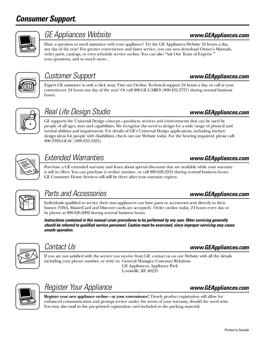 GE EGD4500, DX2300 Consumer Support GE Appliances Website, Customer Support, Real Life Design Studio, Extended Warranties 