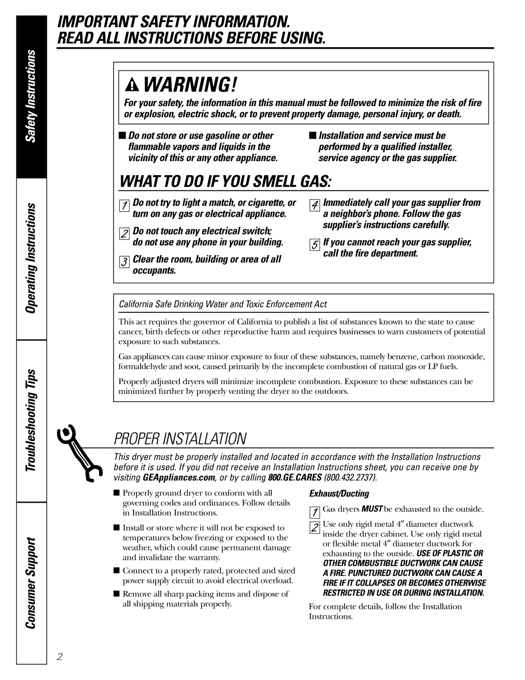 GE EGD4500, DX2300, DX4500, EED4500, DLSR483 Troubleshooting Tips, Consumer Support, Operating Instructions, Exhaust/Ducting 