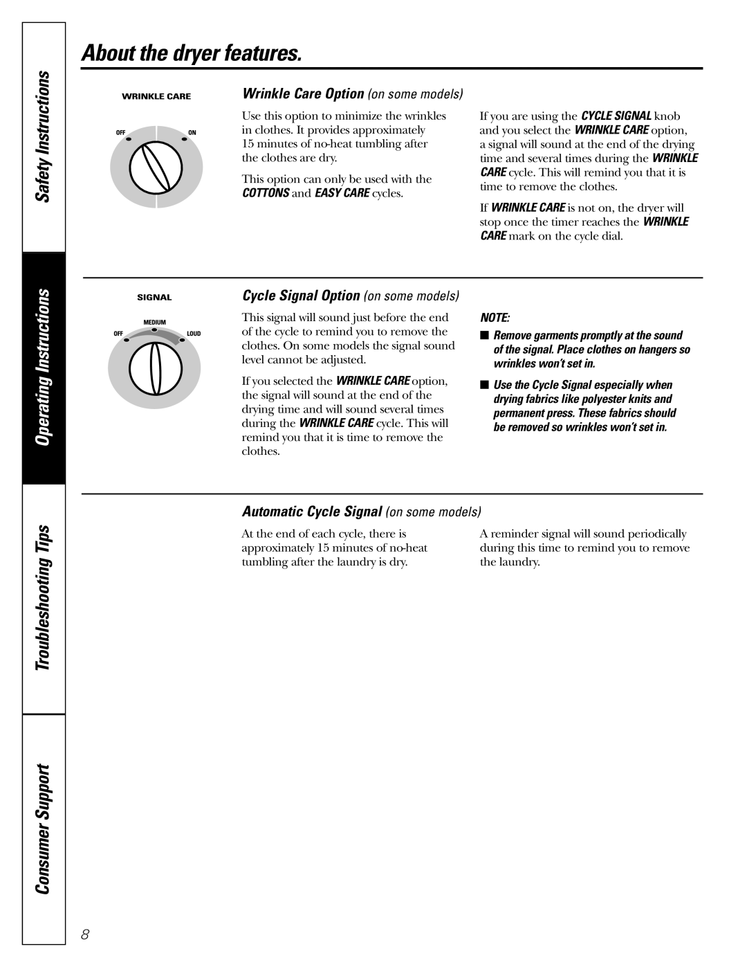 GE DJXR433, DX2300 About the dryer features, Troubleshooting Tips Consumer Support, Wrinkle Care Option on some models 