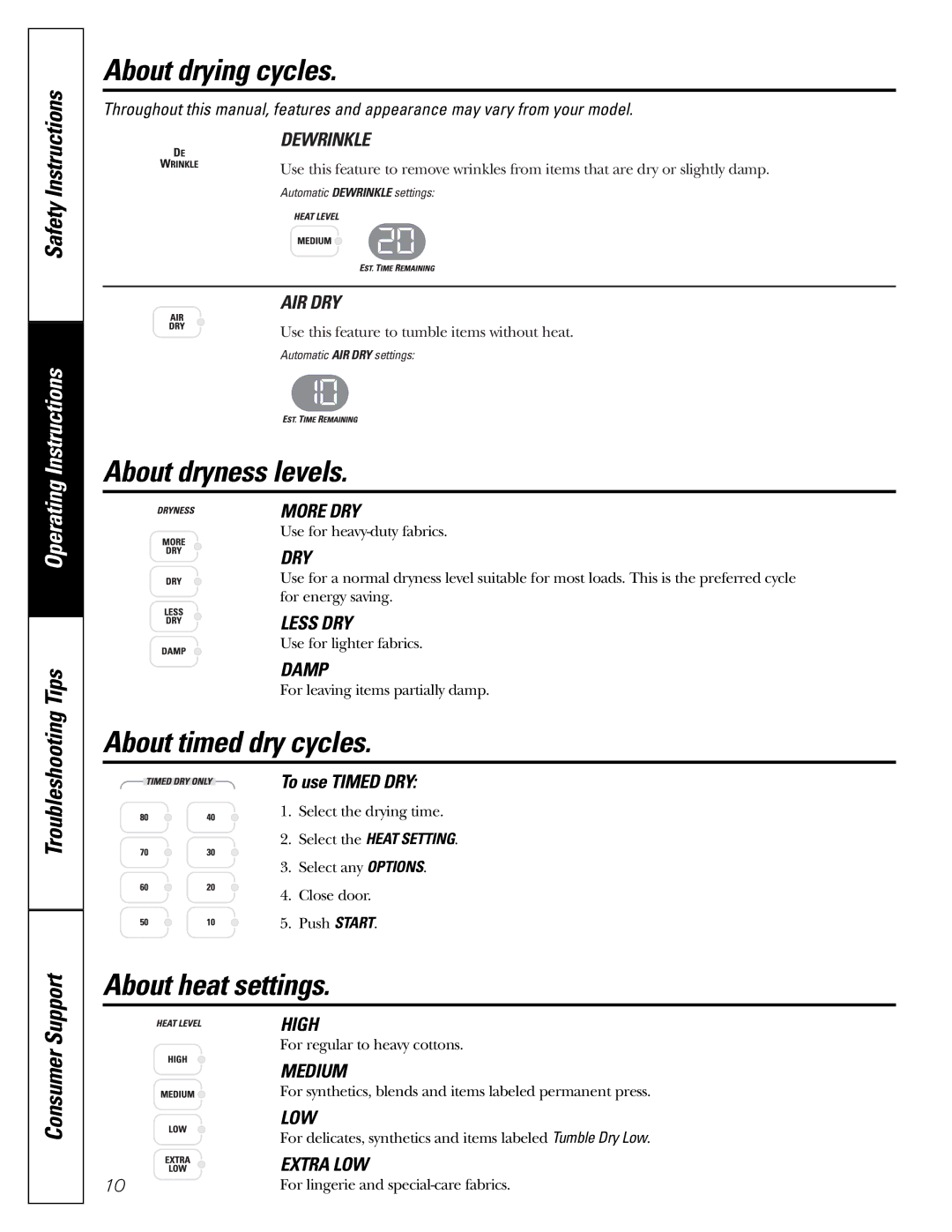 GE DX2300, DX4500 owner manual About drying cycles, About dryness levels, About timed dry cycles, About heat settings 