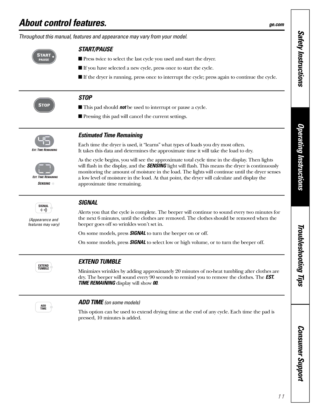 GE DX4500, DX2300 owner manual About control features, Tips Consumer Support 